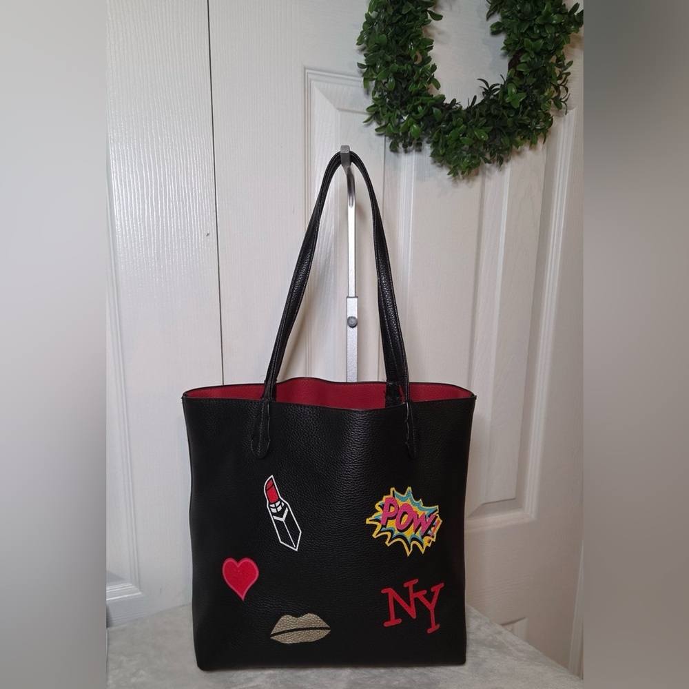 Black Tote Bag with Red Interior and Fun Patches